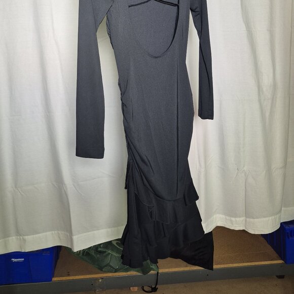 Y2K Form Fitting Black Dress with Open Back Detail, Ruffle Bottom, Small - Picture 3 of 3